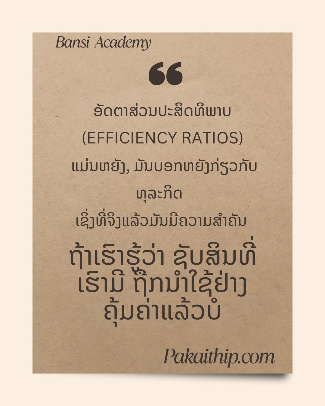 ຄວາມໝາຍຂອງອັດຕາສ່ວນປະສິດທິພາບ (Efficiency Ratios) ແມ່ນຫຍັງ ທາງ Bansi Academy ຈະເລົ່າສູ່ຟັງ: