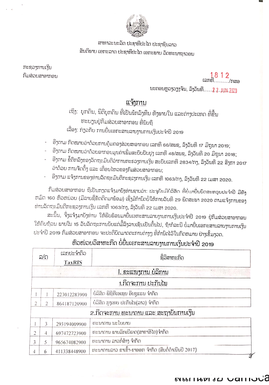 ແຈ້ງການ ກ່ຽວກັບ ການຢືນເອກະສານລາຍງານການເງິນປະຈຳປີ 2019